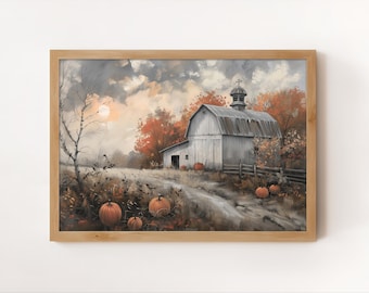 Fall Barn Wall Art Digital Print | Moody Country Landscape Painting | Pumpkin Farm Picture | Muted Farmhouse Print | Fall Scene Download