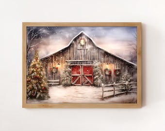 Christmas Barn Print: Snowy Farmhouse Scene (Digital Download)