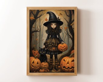 Gothic Halloween Witch Print: Black Cat & Pumpkins (Digital Download)