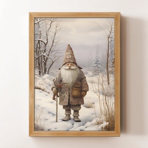 Winterkabouterkunstdruk: neutrale, rustieke besneeuwde scène (digitale download)