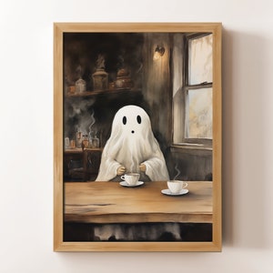 Cute Ghost Coffee Lover Printable Wall Art | Instant Digital Download | Halloween Spooky Season Decor | Cute Ghost in Coffee Shop Painting