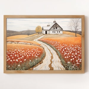 White Barn Landscape Art Print: Rustic Farmhouse Meadow (Digital Download)