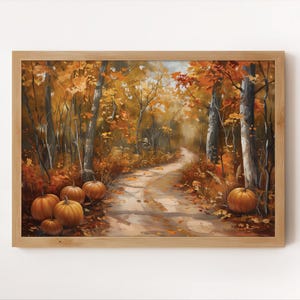 May include: A painting of a winding path through a forest in autumn. The trees are a mix of orange, yellow, and brown. There are pumpkins scattered along the path.