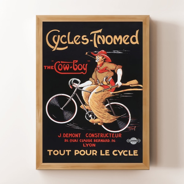 Vintage 1900s French Bicycle Poster | Printable Cowboy Picture | Cycles Tnomed Bike Ad | Eclectic Wall Art | Funny Western Digital Print