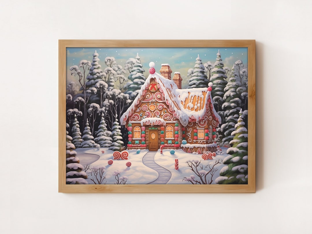 Vintage Gingerbread House Painting Printable Wall Art Instant Digital