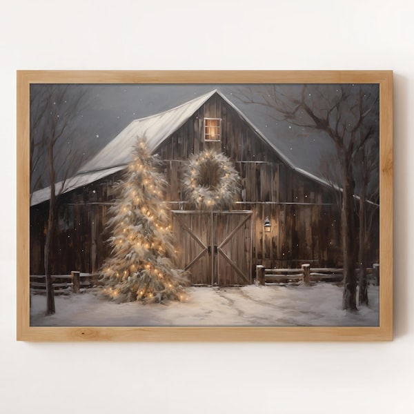 Snowy Country Farm Printable Wall Art | Instant Digital Download | Moody Christmas Digital Download Art | Rustic Barn Christmas Lights Print