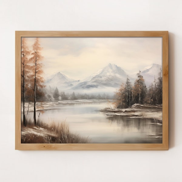Winter Mountain Lake Printable Wall Art | Instant Digital Download | Snowy Stream Landscape Painting | Neutral Muted Rustic Winter Decor