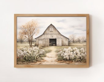 Gray Barn Spring Flowers Art Print: Country Farmhouse (Digital Download)