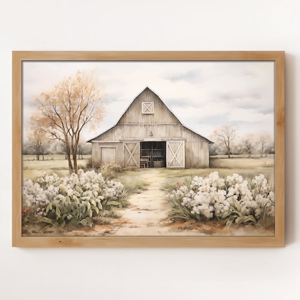 Country Barn Wall Art Print | Farm Art Digital Download | Spring Barn Picture | Gray Barn Painting | Digital Print | Farm and Flowers Print