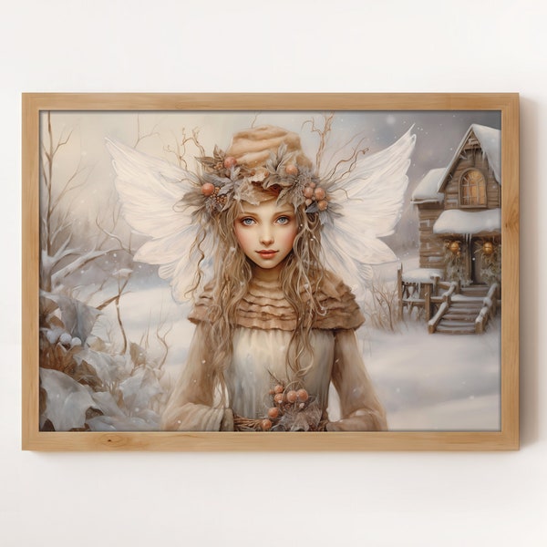 Snow Fairy Printable Wall Art | Instant Digital Download | Winter Cottage Fairy Painting | Vintage Fairy Christmas Poster | Snowy Landscape