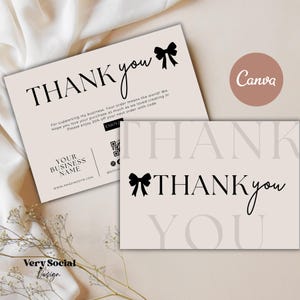 Bedankkaart met strikcoquette | Insteekkaart voor kleine bedrijven, afdrukbare bedankkaart | Bewerkbare canvassjabloon