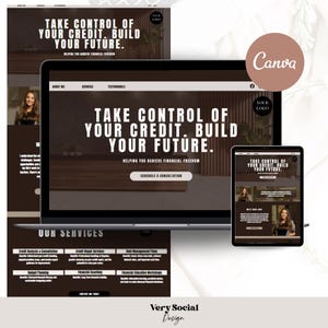 Peut inclure: Une maquette de site Web avec le texte "Prenez le contrôle de votre crédit. Construisez votre avenir." Le site Web est conçu dans un schéma de couleurs brun foncé avec un arrière-plan en bois. Le site Web est affiché sur un ordinateur portable et une tablette. Le texte "Very Social Design" est en bas de l'image.