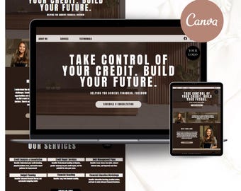 May include: A website mockup with the text "Take control of your credit. Build your future." The website is designed in a dark brown colour scheme with a wood grain background. The website is displayed on a laptop computer and a tablet. The text "Very Social Design" is at the bottom of the image.