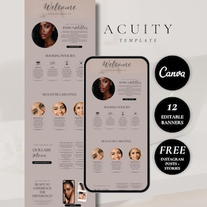May include: Aesthetic digital template for a beauty business, featuring a phone mockup and a larger display. The design includes the text "Welcome," "Jessica Miller," and "Acuity Template." Additional elements include booking policies, lash styles, and Canva branding.