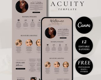May include: Aesthetic digital template for a beauty business, featuring a phone mockup and a larger display. The design includes the text "Welcome," "Jessica Miller," and "Acuity Template." Additional elements include booking policies, lash styles, and Canva branding.