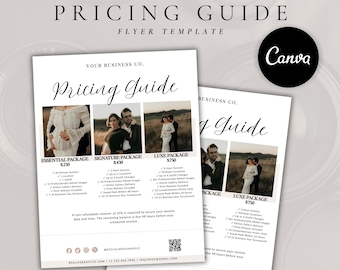 May include: A photography pricing guide flyer template featuring the text Photography Pricing Guide and Canva logo. The document displays three service packages with photos of couples, bulleted lists of session details, social media icons, and contact info.