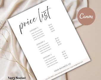 Puede incluir: Una plantilla de lista de precios blanca con el título "price list" escrito en cursiva negra. La lista está dividida en tres categorías: Categoría 1, Categoría 2 y Categoría 3. Cada categoría tiene una lista de servicios con un precio de 0,00 € junto a cada servicio. La parte inferior de la página incluye el nombre de la empresa, el número de teléfono, el sitio web y la dirección de correo electrónico.