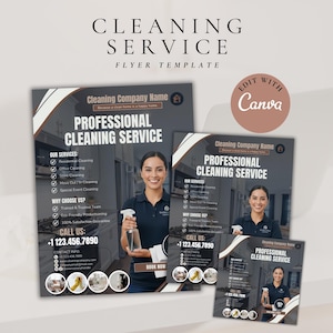 Op de afbeelding: Een flyer sjabloon voor een schoonmaakbedrijf, met een vrouw die een spuitfles vasthoudt. Het ontwerp bevat de tekst "Professional Cleaning Service", service-opties en contactgegevens. De flyer is te bewerken met Canva.