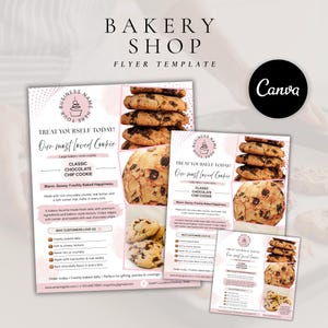 Może przedstawiać: Szablon ulotki piekarniczej z stosem ciasteczek z kawałkami czekolady, różowymi akcentami oraz tekstem "BAKERY SHOP FLYER TEMPLATE," "TREAT YOURSELF TODAY," "Our most loved Cookie," "CLASSIC CHOCOLATE CHIP COOKIE," oraz "WHY CUSTOMERS LOVE US."