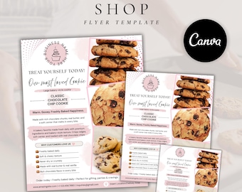 May include: A bakery shop flyer template featuring a stack of chocolate chip cookies, pink accents, and text that reads "BAKERY SHOP FLYER TEMPLATE," "TREAT YOURSELF TODAY," "Our most loved Cookie," "CLASSIC CHOCOLATE CHIP COOKIE," and "WHY CUSTOMERS LOVE US."