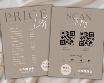 May include: Two rectangular taupe signs featuring dark text and graphics. The left sign displays a price list with categories and service placeholders. The right sign shows two QR codes for payment, social media icons, and a space for a logo.