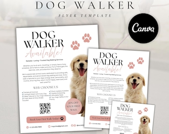 Dog Walker Flyer | Dog Sitter, Travel Dog Caretaker | Dog Walking Brochure | Editable Canva Template | Instant Download