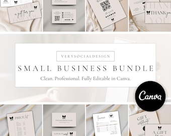 May include: A small business bundle with various stationery designs. Includes gift certificates, business cards, thank you cards, price lists, loyalty cards, and invoices. The designs feature a bow graphic and the text "A gift for you."
