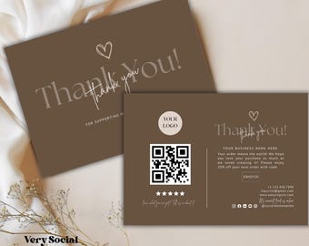 Boho Thank you Card Template Customizable Thank You Business Card Template with QR Code for Reviews | Editable in Canva Business Postcard