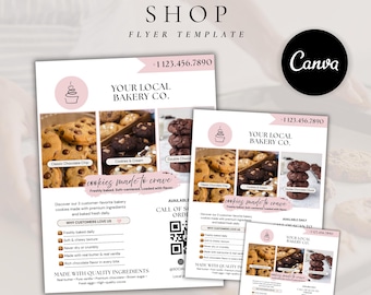 May include: A bakery shop flyer template featuring three distinct cookie images, the text "YOUR LOCAL BAKERY CO.", "cookies made to crave", and "MADE WITH QUALITY INGREDIENTS". The layout includes a phone number, a QR code, and bulleted lists.