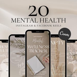 Puede incluir: Maqueta de producto digital con pantallas de teléfonos inteligentes que muestran contenido relacionado con la salud mental. Las pantallas muestran texto como "Mental Wellness Tracker" y "Anxiety", con el logotipo de Canva visible.