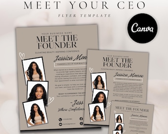 May include: A beige flyer template titled MEET THE FOUNDER with the text ELEVATING BEAUTY. INSPIRING CONFIDENCE. It features three photos of a woman with long dark hair, contact icons, and a Canva logo in the upper right corner of the image.