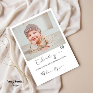 Plantilla de tarjeta de agradecimiento de primer cumpleaños, tarjeta de cumpleaños personalizable editable en Canva, descarga digital, tarjeta de agradecimiento minimalista, tarjeta de cumpleaños para bebé