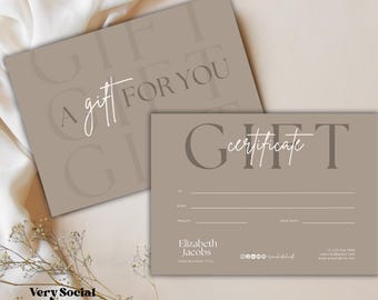 May include: A brown gift certificate template with the text "A gift for you" on the top and "GIFT certificate" on the bottom. The certificate has fields for the recipient's name, date, amount, and valid until date. The bottom of the certificate includes the name "Elizabeth Jacobs" and contact information.