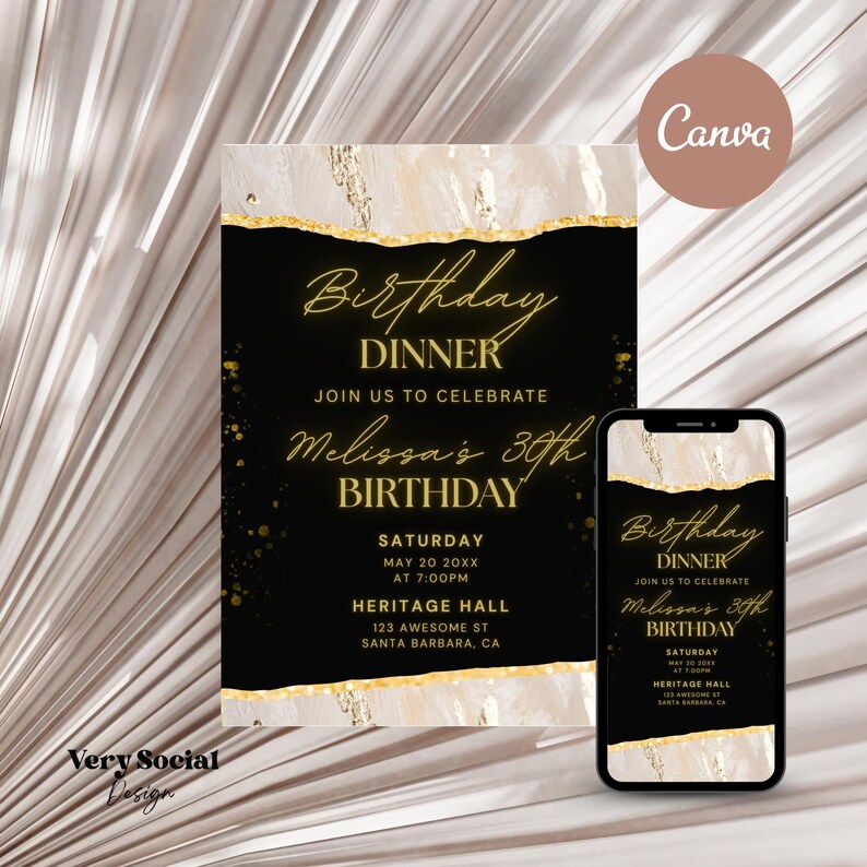 Editable Black and Gold Birthday Card Template Modern Canva Design ...