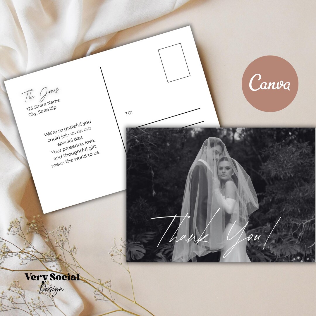 Wedding Thank You Postcard Template | Editable Wedding Thank You Card ...