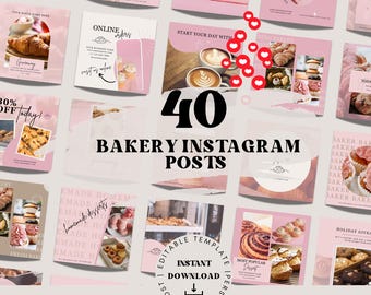 May include: A collage of 40 pink and white Instagram post templates for bakeries. The templates feature images of pastries, cakes, and other baked goods, as well as text overlays with phrases like "Start your day with", "Homemade Desserts", and "Most Popular Dessert".