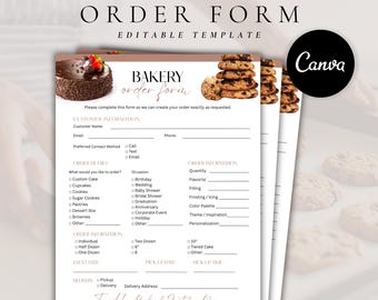 May include: A bakery order form template featuring a chocolate cake and cookies. The document includes sections for customer information, order details, and event logistics with checkboxes and lines for text. The text reads Bakery Order Form.