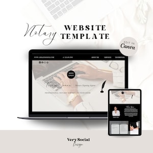 May include: A website template for a notary signing agent. The template features a black and white color scheme with a professional and modern design. The website includes sections for about me, services, and testimonials. The template is editable in Canva.