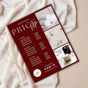 May include: A maroon price list with the text "PRICE LIST" and "YOUR BUSINESS NAME". The list includes sections for Facials, Massage, and Add-ons. The right side features images of spa elements like towels and candles.