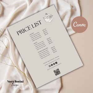 May include: A beige price list with black text, featuring categories for lashes, nails, and other services. The document includes a floral line art design and the Canva logo. Contact information and a QR code are at the bottom.