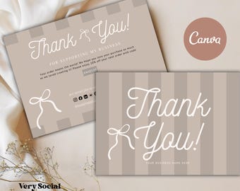 Könnte beinhalten: Zwei beige-weiße Dankeskarten mit vertikalen Streifen und einem Schleifendesign. Die Karten tragen den Text "Thank You!" in einer Schreibschrift. Eine Karte hat den Text "FOR SUPPORTING MY BUSINESS" und einen Rabattcode.