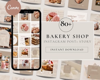 Op de afbeelding: Een digitale sjabloonset voor een bakkerij, voor Instagram-berichten en -verhalen. Het ontwerp bevat afbeeldingen van gebak, taarten en koffie, met tekstoverlays zoals "giveaway" en "weekly best". Direct downloaden.