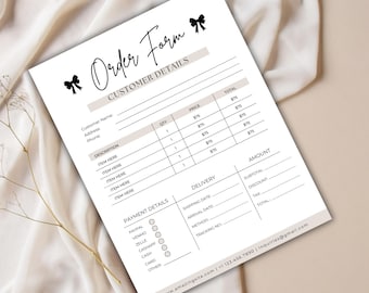 May include: A white order form with the words "Order Form" and "Customer Details" printed in black. The form includes sections for customer information, item descriptions, and payment details. Decorative bow accents are present.
