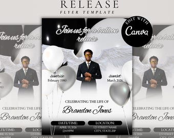May include: A memorial balloon release flyer template featuring a person in a suit with angel wings, white and silver balloons, and text including "Join us for a balloon release," "Celebrating the life of Brandon Jones," and "Edit with Canva."
