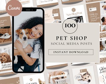 May include: A digital collection of 100 pet shop social media post templates featuring a neutral color palette with beige and white tones. The designs include various layouts with dog and cat imagery, typography, and pet-related text elements.