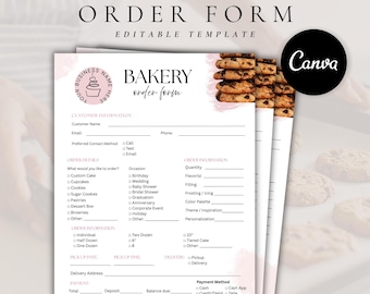 Bakery Order Form Template | Cake Order Form | Cookie Order Form | Pastry Order Form | Bakery Intake Form | Editable Canva Template