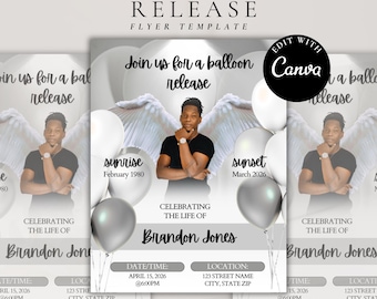 May include: A memorial balloon release flyer template featuring a central photograph of a person with white angel wings. The text reads: MEMORIAL BALLOON RELEASE, Join us for a balloon release, sunrise February 1980, sunset March 2026, CELEBRATING THE LIFE OF Brandon Jones, DATE/TIME: APRIL 15, 2026 @6:00PM, LOCATION: 123 STREET NAME CITY, STATE ZIP.