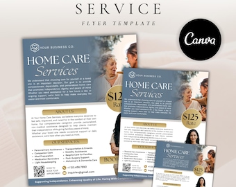 May include: A home care service flyer template featuring blue and white sections with gold accents. The text includes Home Care Services, About Us, Our Services, and a QR code. Images of caregivers and seniors are displayed on the flyer layout.