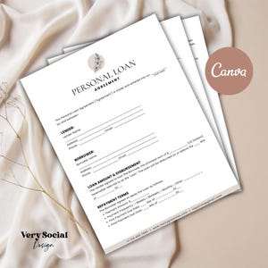 May include: A printable personal loan agreement form with sections for lender and borrower information, loan amount and disbursement, and repayment terms. The form has a simple design with a floral logo at the top.