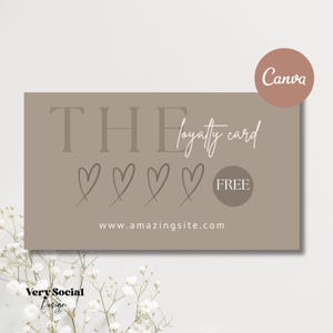 May include: A brown loyalty card with the text "THE loyalty card" and four hearts. The card also has the text "FREE" in a circle and the website address "www.amazingsite.com".